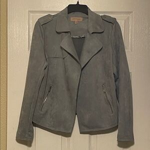 Philosophy Faux Suede Moto Jacket in Slate, Light Gray, Icy Blue Color